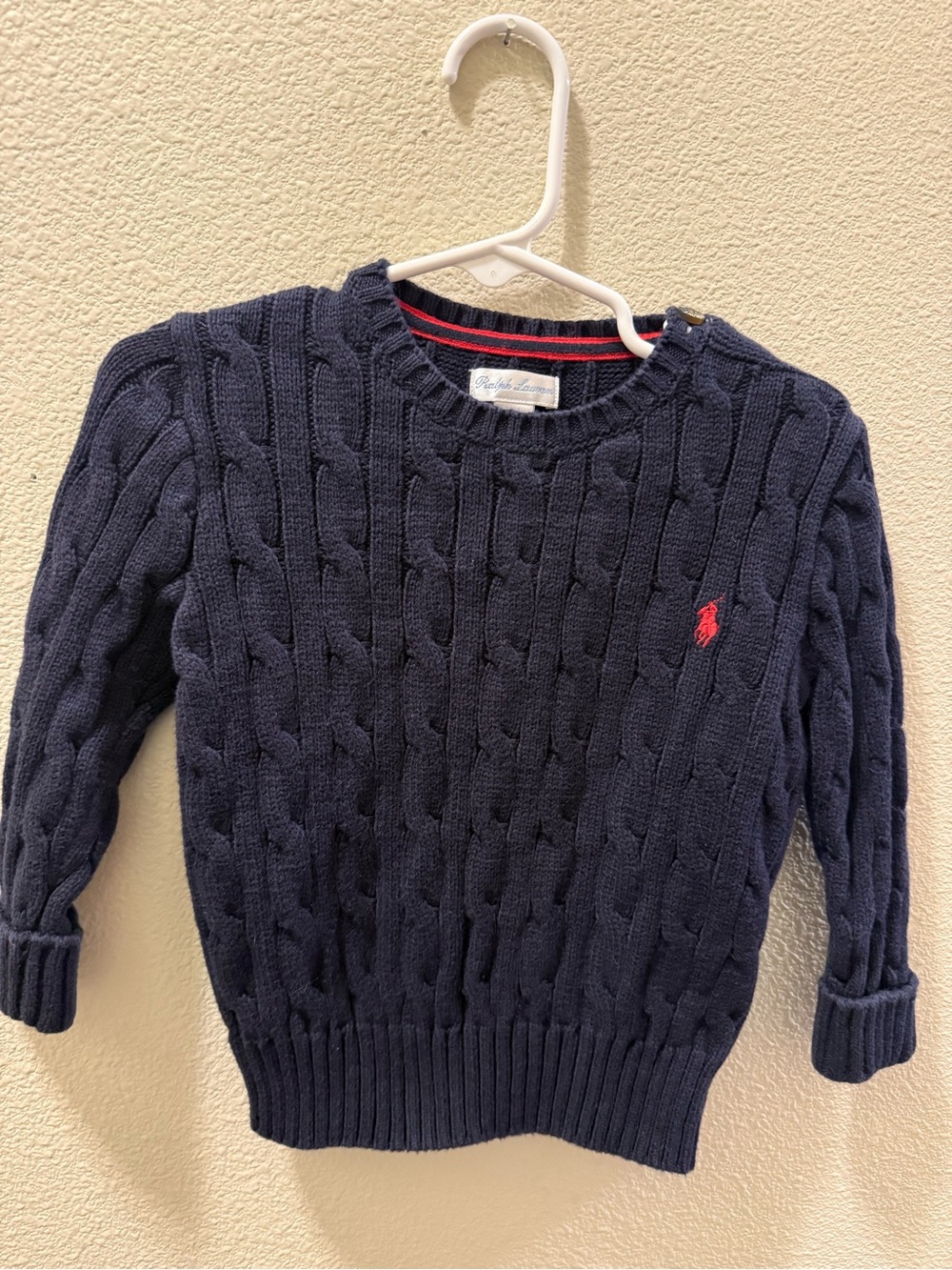 Ralph Lauren Navy Cable Crewneck Sweater with Red Logo
